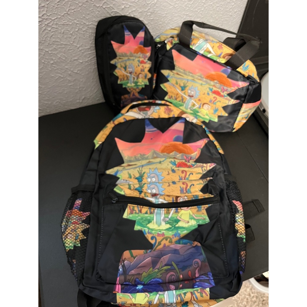 Rick and Morty 3 Piece Backpack Set Lunch‎ Bag and Pouch Black Multicolor NWOT